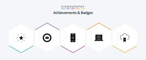 Achievements and Badges 25 Glyph icon pack including badges. star. achievements. laptop. award vector