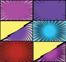 Comic book colorful frames background with halftone rays radial and dotted effects pop art style vector