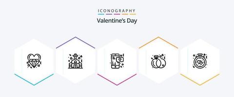 paquete de iconos de 25 líneas del día de san valentín que incluye reloj. casamiento. boda. compromiso. texto vector