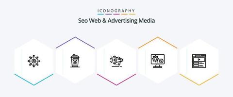 seo web y medios publicitarios paquete de iconos de 25 líneas que incluye dinero. configuración. vocero. pantalla. generador vector