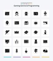 Géneros de juegos creativos y programación Paquete de iconos negros sólidos de 25 glifos, como estrategia. juego. guerrero. teléfono inteligente móvil vector