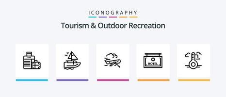 Paquete de íconos de la línea 5 de turismo y recreación al aire libre que incluye el clima. temperatura. hotel . vacaciones. playa. diseño de iconos creativos vector