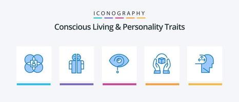 vida consciente y rasgos de personalidad paquete de 5 íconos azules que incluye el producto. cariñoso. humano. cuidado. conocimiento. diseño de iconos creativos vector