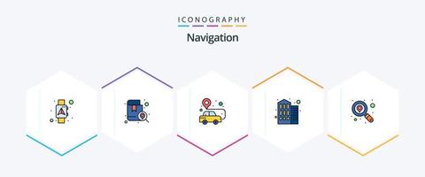 paquete de iconos de navegación de 25 líneas completas que incluye la ubicación. negocio. ubicación. edificio. alfiler vector