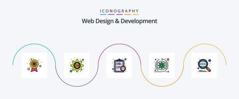 La línea de diseño y desarrollo web llenó el paquete de iconos planos 5, incluido el global. análisis. fecha límite. pique. flechas vector