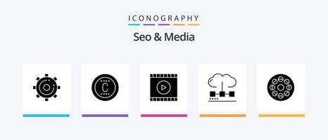 paquete de iconos de seo y media glyph 5 que incluye optimización. motor. marca comercial. informática. web. diseño de iconos creativos vector