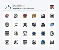 paquete de iconos llenos de 25 líneas de red y comunicaciones que incluye zip. archivos espacio. compartir. punto vector