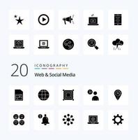 20 Web And Social Media Solid Glyph icon Pack like watch play  user  box vector