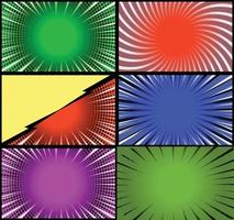 Comic book colorful frames background with halftone rays radial and dotted effects pop art style vector