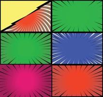 Comic book colorful frames background with halftone rays radial and dotted effects pop art style vector