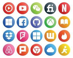 Paquete de 20 íconos de redes sociales que incluye tinder microsoft delicious foursquare ibooks vector