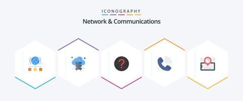 paquete de iconos planos de 25 redes y comunicaciones que incluye mapa. señal. pregunta. aprendizaje electrónico llamar vector