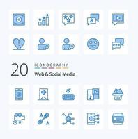 Paquete de 20 iconos de color azul web y redes sociales como música de correo tipo caja de medios vector