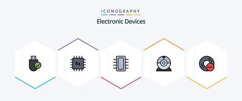 Dispositivos Paquete de iconos de 25 líneas completas que incluye dispositivos. leva. artilugio. hardware. dispositivos vector
