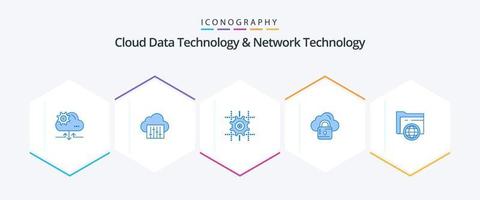 tecnología de datos en la nube y tecnología de red 25 paquetes de iconos azules que incluyen almacenamiento. bloqueado configuración . bloquear nube vector