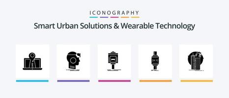 soluciones urbanas inteligentes y paquete de iconos de glifo 5 de tecnología portátil que incluye reloj inteligente. valle. realidad. hotel. estacionamiento. diseño de iconos creativos vector