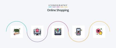 la línea de compras en línea llenó el paquete de iconos planos 5 que incluye compras. dispositivo. globo. carro. porcentaje vector