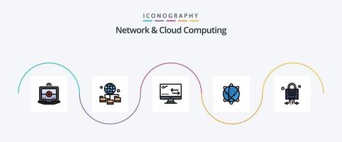 la línea de red y computación en la nube llenó el paquete de iconos planos 5 que incluye el servidor. cerrar con llave. conexión. mundo. globo vector