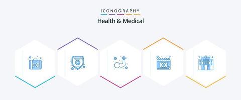 Paquete de 25 íconos azules de salud y medicina que incluye . clínica. músculo. edificio. médico vector