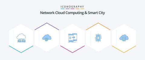 computación en la nube de red y paquete de iconos azules de ciudad inteligente 25 que incluye sincronización. sincronizando globo. sincronización. intercambio vector