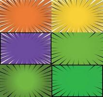 Comic book colorful frames background with halftone rays radial and dotted effects pop art style vector