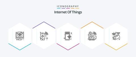 paquete de iconos de 25 líneas de internet de las cosas que incluye cctv. vehículo. móvil. Auto inteligente. ubicación gps vector