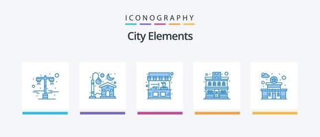 paquete de iconos azul 5 de elementos de la ciudad que incluye la estación. edificio. alimento. hotel. departamento. diseño de iconos creativos vector