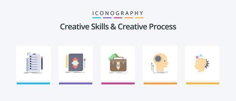 habilidades creativas y paquete de iconos planos de 5 procesos creativos que incluye el pensamiento. mente. dibujar. maletín. archivo. diseño de iconos creativos vector