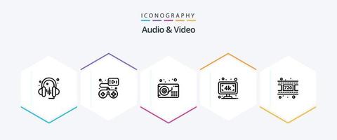 paquete de iconos de audio y video de 25 líneas que incluye . carrete. gramófono. película. televisión vector