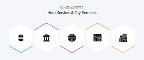 Hotel Services And City Elements 25 Glyph icon pack including hotel. machine. column. elevator. greek vector