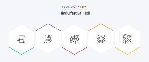 Holi 25 Line icon pack including decoration. plant. oil. nature. hinduism vector