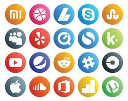 paquete de 20 íconos de redes sociales que incluye chat reddit yelp pepsi youtube vector