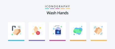 Wash Hands Flat 5 Icon Pack Including hand soap. hand. hands. cleaning. soap. Creative Icons Design vector