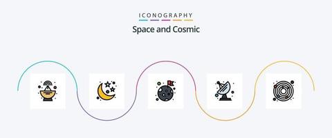 paquete de iconos planos llenos de línea espacial 5 que incluye. tierra. luna. astronomía. comunicación vector