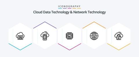 paquete de iconos de 25 líneas de tecnología de datos en la nube y tecnología de red, incluida la red. mundo. UPC. navegador . globo vector