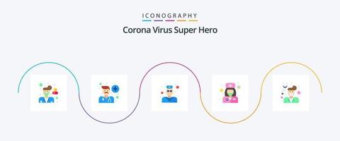corona virus super hero flat 5 icon pack incluyendo macho. enfermero. sénior. chica. estetoscopio vector