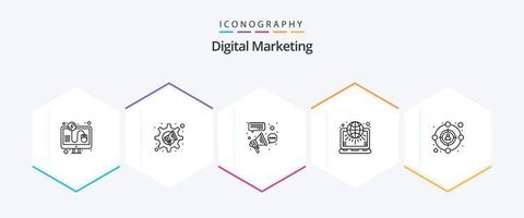 Digital Marketing 25 Line icon pack including marketing. settings. advertising. net. connection vector