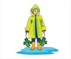 Little toddler boy in a raincoat and rubber boots vector illustration