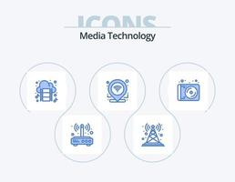 Media Technology Blue Icon Pack 5 Icon Design. connection. gps. tower. check in. movie vector