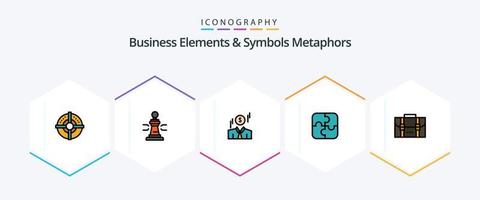 Elementos comerciales y metáforas de símbolos Paquete de iconos de 25 líneas completas que incluye mochila. estrategia. póker. partes. dinero vector