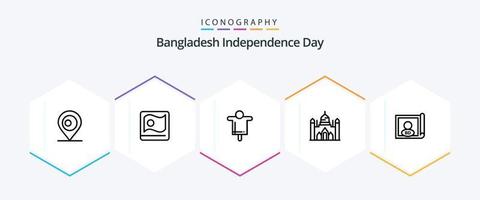 paquete de iconos de 25 líneas del día de la independencia de bangladesh que incluye bandera. bangladesh granja. lalbagh. bangladesh vector