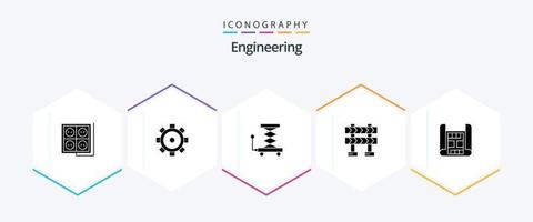 Paquete de iconos de ingeniería de 25 glifos, incluido el edificio. mapa. auto. construcción. barricada vector