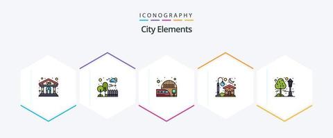 City Elements 25 FilledLine icon pack including city. moon. railway station. light. home vector