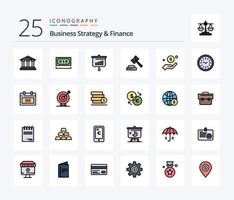 Business Strategy And Finance 25 Line Filled icon pack including law. court. currency. graph. sales vector