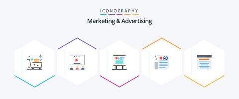 marketing y publicidad paquete de 25 iconos planos que incluye consejos. consejos de negocios tutoriales en vídeo. consejos de publicidad marketing vector