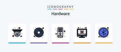 la línea de hardware llenó el paquete de 5 iconos, incluida la seguridad. hospedaje hardware. cambiar. botón de encendido. diseño de iconos creativos vector