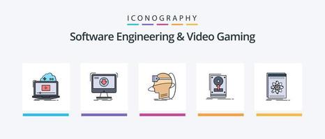 La línea de ingeniería de software y videojuegos llenó un paquete de 5 iconos, incluido el deporte. premios idioma. en línea. Internet. diseño de iconos creativos vector