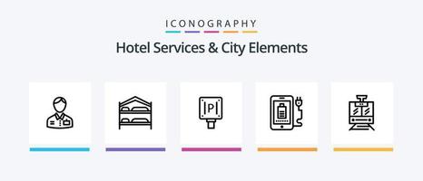 servicios de hotel y elementos de la ciudad línea 5 paquete de iconos que incluye plato. hotel. navegador. firmar . estacionamiento. diseño de iconos creativos vector