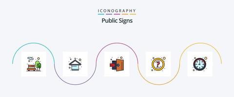 Public Signs Line Filled Flat 5 Icon Pack Including time. support. door. questions. help vector