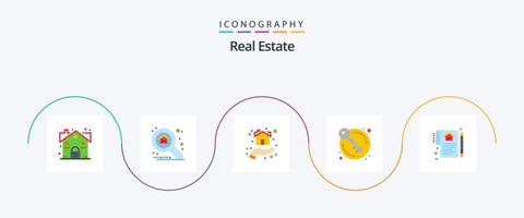 paquete de iconos de bienes raíces planos 5 que incluye documento. llaves. donación. casa. refugio vector